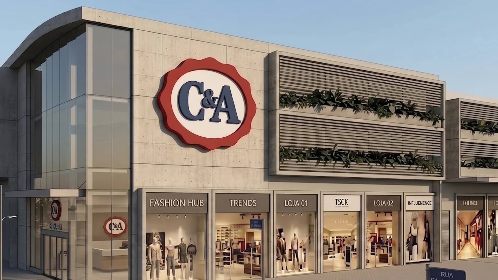 Render da fachada da C&A na esquina da Rua Sa. Matriz
