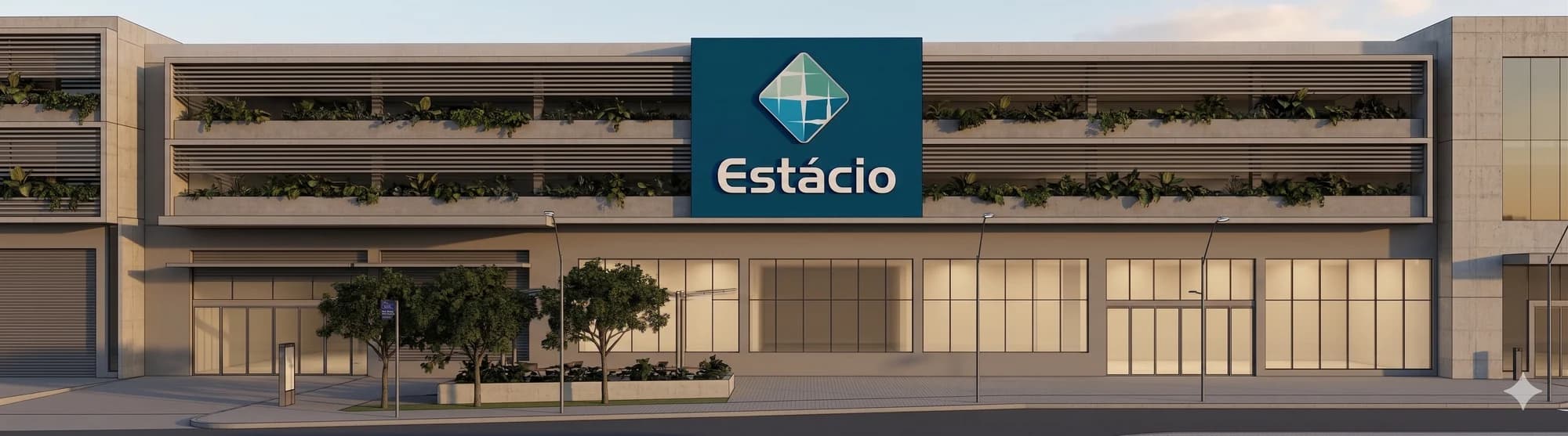 Render da fachada da universidade Estácio no Estação Meriti