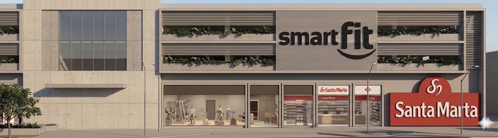 Render da fachada da Smart Fit e da Padaria Santa Marta no Estação Meriti