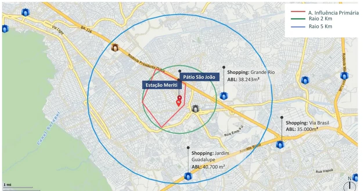 Mapa da área de influência com raios de 2 km e 5 km e shoppings concorrentes