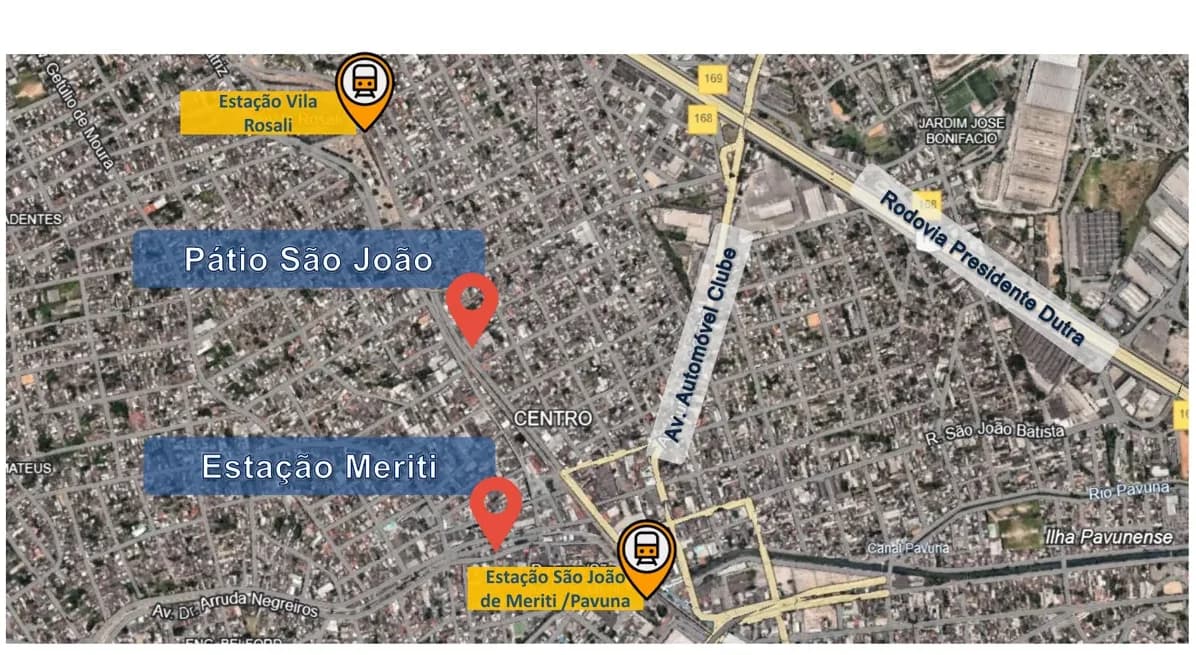 Mapa com a implantação dos dois empreendimentos e as estações de trem próximas