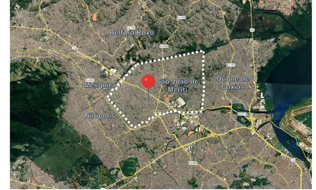 Mapa regional da Baixada Fluminense mostrando a área de São João de Meriti