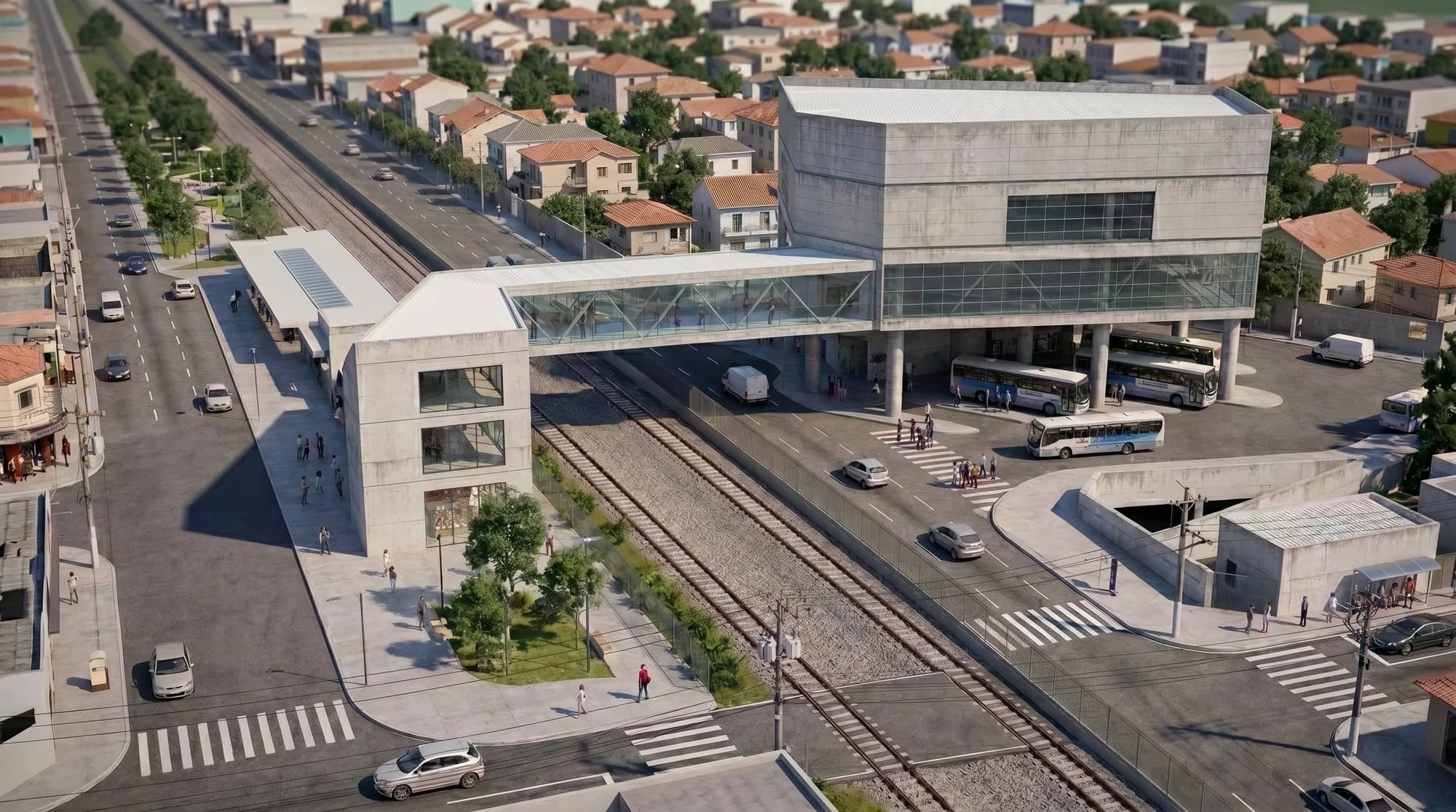 Render aéreo do Pátio São João: passarela envidraçada sobre a linha férrea conectando o shopping à rodoviária (terminal de ônibus)