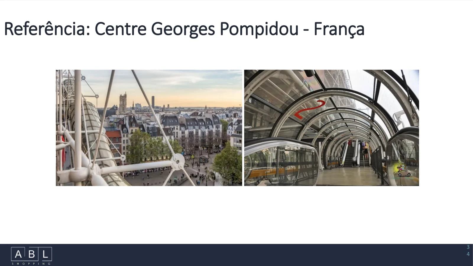 Detalhes do Centre Pompidou: vista da cidade e escada rolante tubular